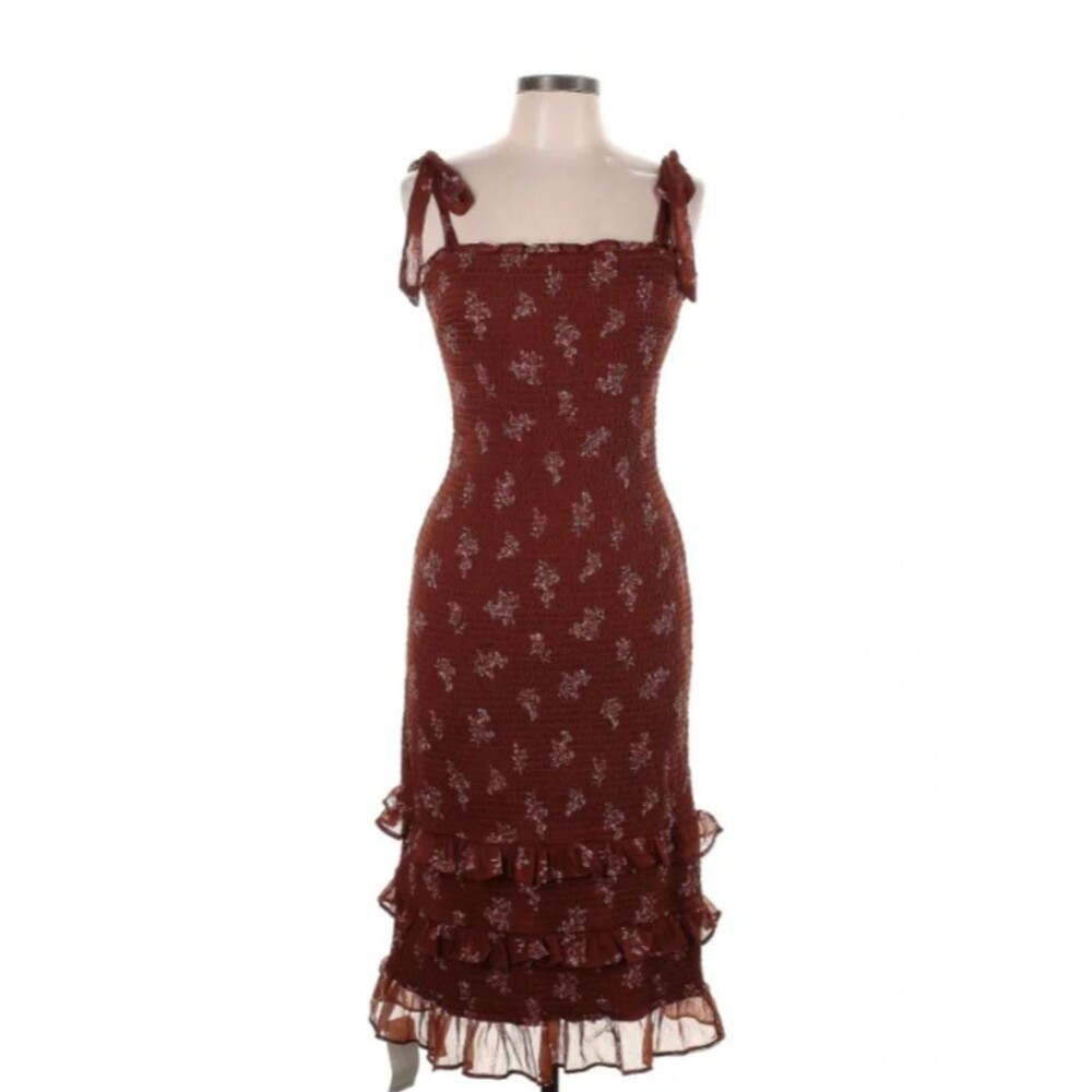 Abercrombie & Fitch Tie-Strap Smocked Midi Dress Rust Brown Floral - Small